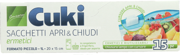 Cuki Conserva Sacchetti Apri & Chiudi ermetici piccoli (15 pezzi - 1L - 20  x 15 cm)