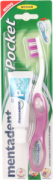 4x Mentadent Pocket Kit Portatile con Spazzolino Richiudibile e Dentifricio  Microgranuli nel Flacone da 6 ml - 4 Blister